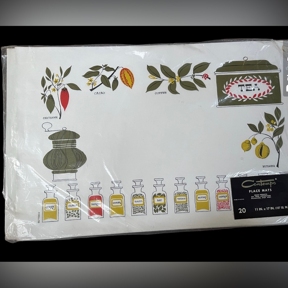 Vtg MCM Contempo Paper Placemats, Retro, Spices & Spice Jars, USA Made
